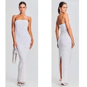 Retrofete Riverly Strapless Sequin Embellished Silver White Maxi Dress Size XS